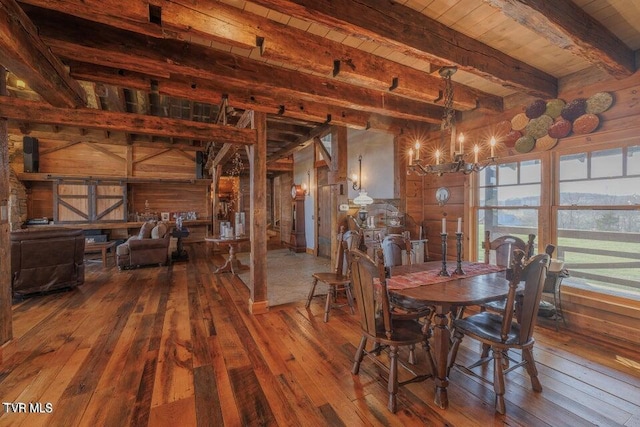 dining room with a chandelier, wood walls, hardwood / wood-style floors, beamed ceiling, and wooden ceiling