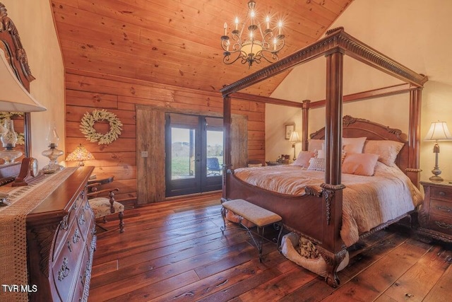 bedroom featuring access to outside, french doors, wooden walls, high vaulted ceiling, and wooden ceiling