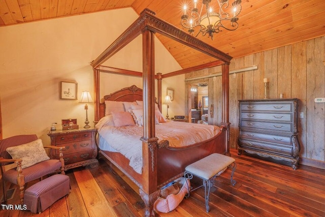 bedroom featuring wooden ceiling, wood walls, a chandelier, and hardwood / wood-style flooring