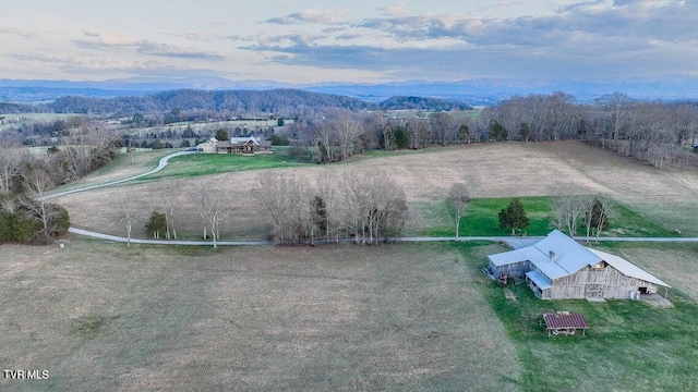 aerial view featuring a rural view and a mountain view