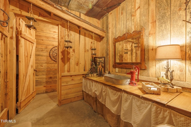 interior space with sink, wood ceiling, and wooden walls