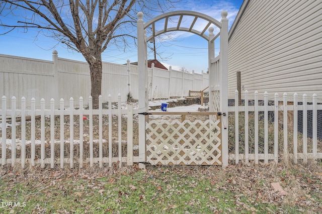 view of yard with a fenced backyard and a gate