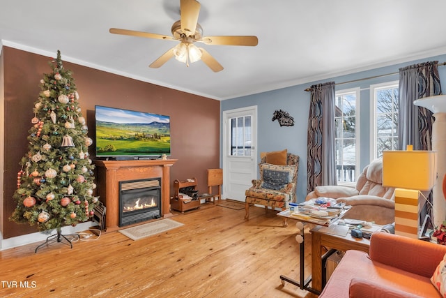 living room featuring ornamental molding, ceiling fan, and light hardwood / wood-style flooring