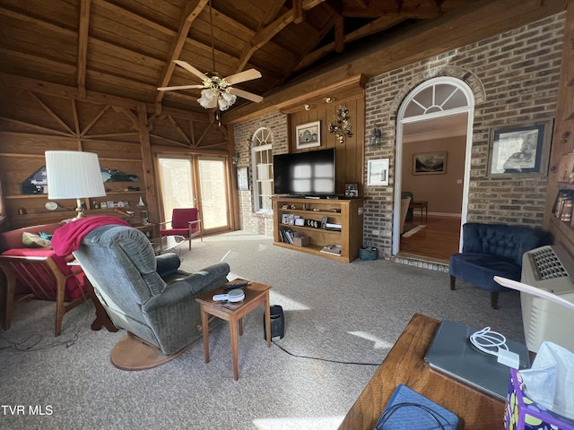 living room featuring high vaulted ceiling, brick wall, carpet floors, wood ceiling, and beam ceiling