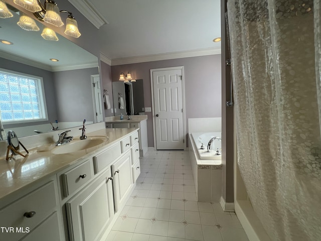 bathroom with double vanity, ornamental molding, a garden tub, tile patterned flooring, and a sink