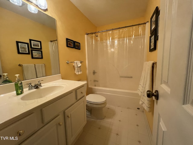 bathroom with shower / tub combo, vanity, and toilet