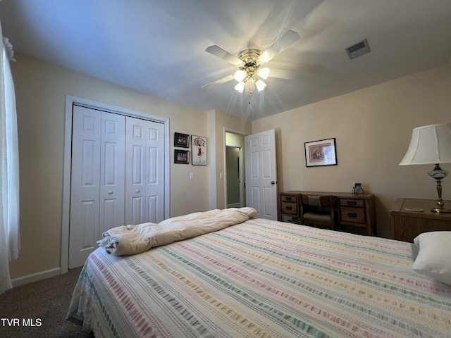 bedroom featuring ceiling fan, visible vents, baseboards, a closet, and carpet