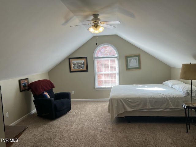 bedroom featuring light carpet, ceiling fan, vaulted ceiling, and baseboards