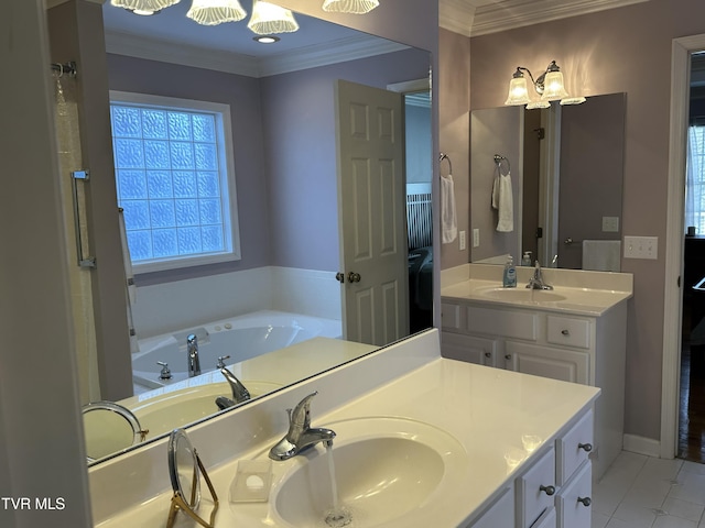 ensuite bathroom with ensuite bath, crown molding, two vanities, and a sink