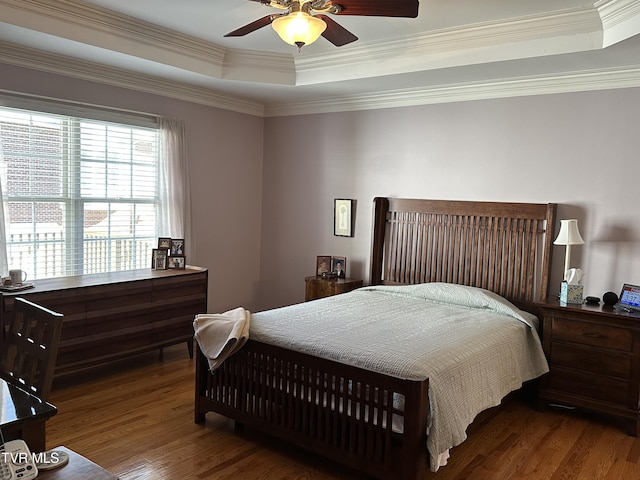 bedroom featuring a ceiling fan, a tray ceiling, dark wood-style flooring, and crown molding