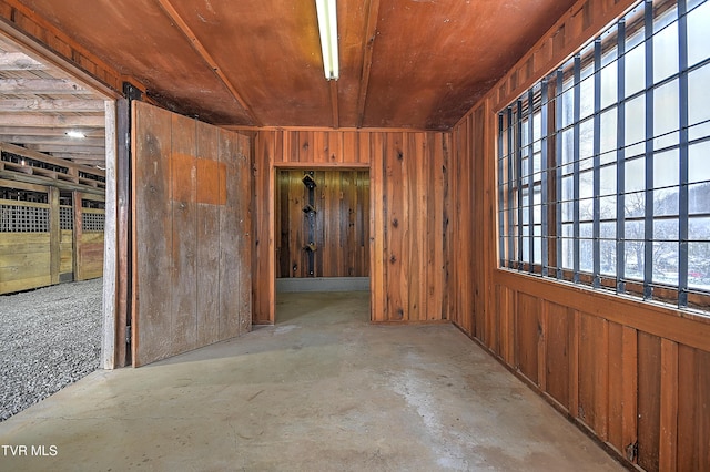 interior space featuring wood ceiling and wooden walls