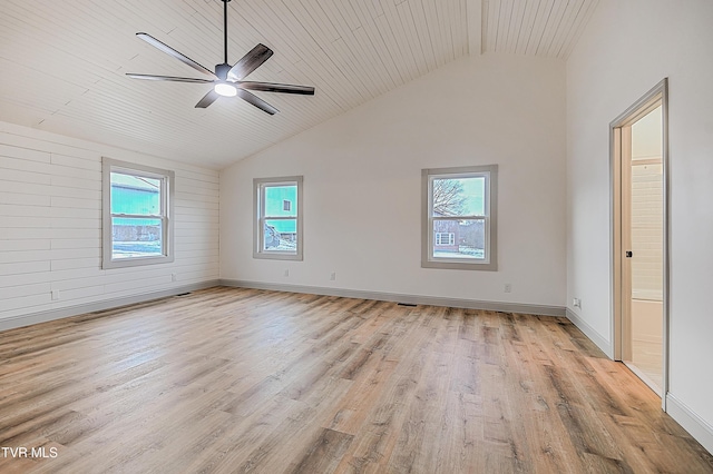 empty room with light hardwood / wood-style floors, plenty of natural light, wood ceiling, and ceiling fan