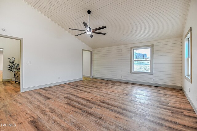 unfurnished room featuring ceiling fan, light hardwood / wood-style floors, wooden walls, wood ceiling, and high vaulted ceiling