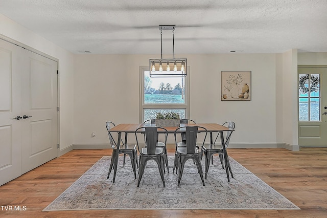 dining room featuring a textured ceiling and light hardwood / wood-style floors