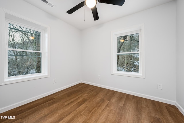 empty room featuring hardwood / wood-style flooring, a wealth of natural light, and ceiling fan