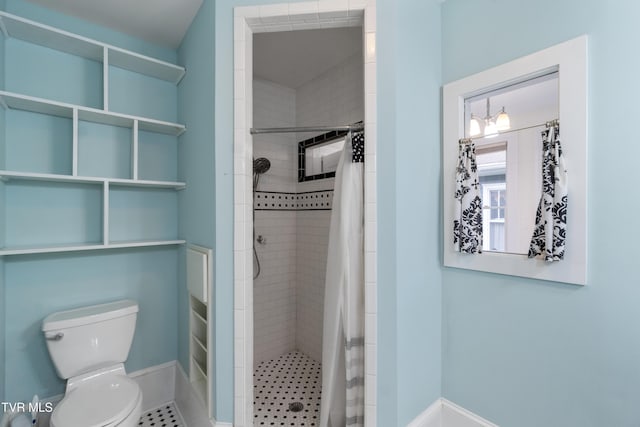 bathroom with toilet and a shower with shower curtain