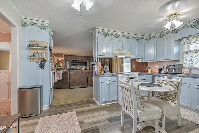 kitchen featuring ceiling fan, white electric stove, a textured ceiling, and light hardwood / wood-style floors