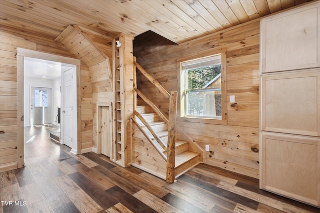 staircase featuring hardwood / wood-style flooring, wooden walls, and wooden ceiling