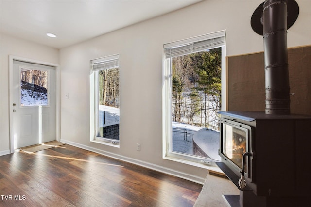 interior space featuring dark hardwood / wood-style flooring and a wood stove