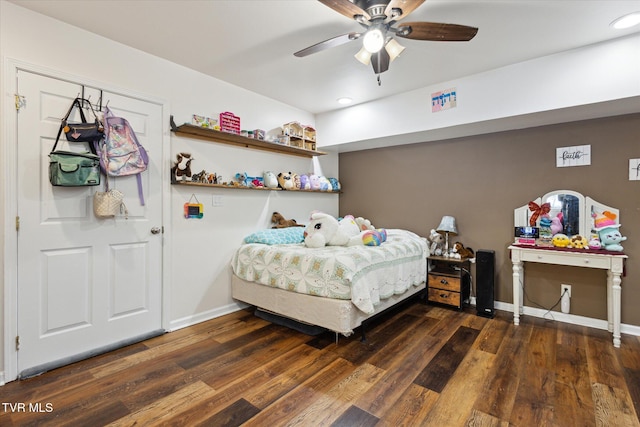 bedroom featuring dark wood-type flooring and ceiling fan