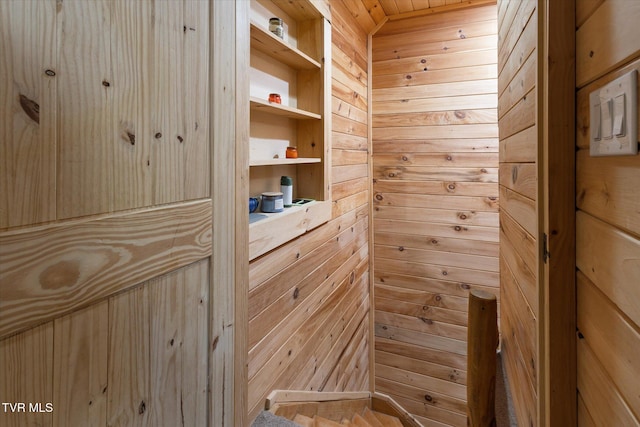 interior space featuring built in features and wooden walls