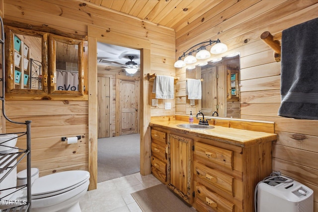 bathroom with vanity, wooden walls, and toilet