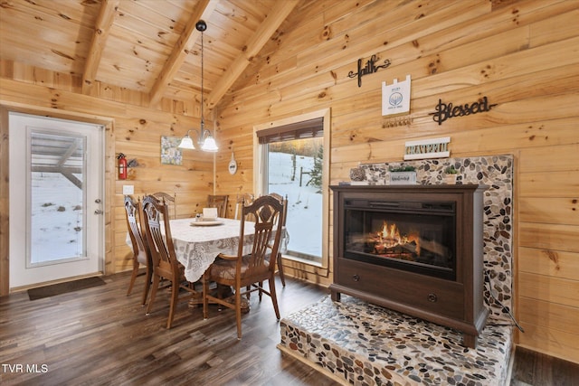 dining space with dark wood-type flooring, wooden walls, wood ceiling, and vaulted ceiling with beams