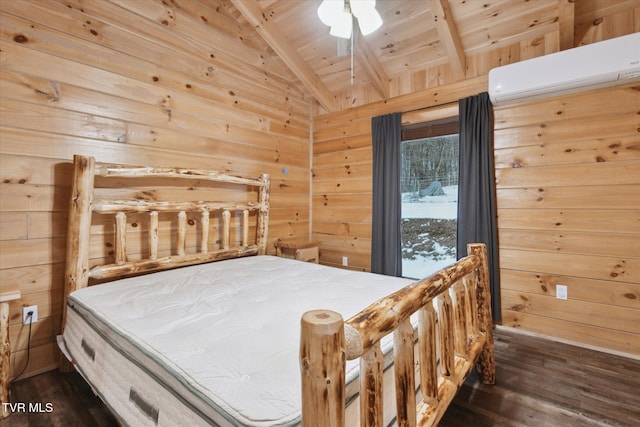 bedroom featuring wood walls, vaulted ceiling, wood ceiling, and dark hardwood / wood-style floors