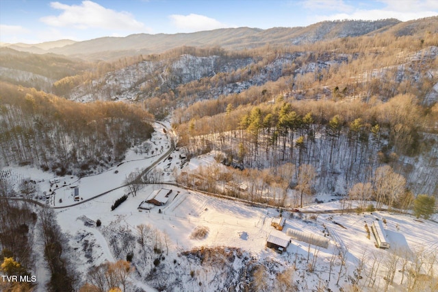 snowy aerial view with a mountain view