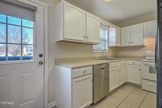 kitchen featuring sink, white cabinets, light tile patterned floors, stainless steel dishwasher, and white range with electric stovetop