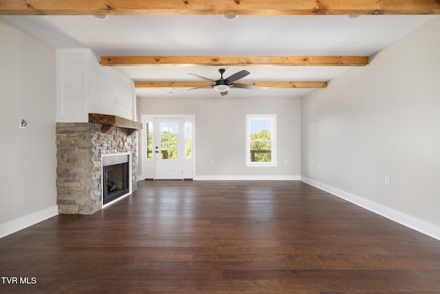 376 Wilcox Cir, Jonesborough, TN 37659 - unfurnished living room with beam ceiling, dark wood-style floors, a fireplace, a ceiling fan, and baseboards