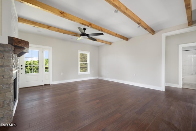 376 Wilcox Cir, Jonesborough, TN 37659 - unfurnished living room with a fireplace, plenty of natural light, a ceiling fan, beamed ceiling, and baseboards
