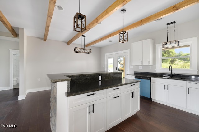 376 Wilcox Cir, Jonesborough, TN 37659 - kitchen with dishwasher, a sink, dark wood finished floors, beamed ceiling, and dark stone counters