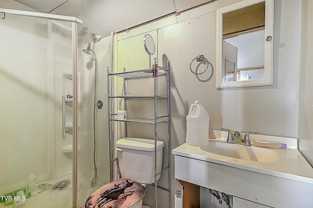 bathroom with toilet, an enclosed shower, and sink