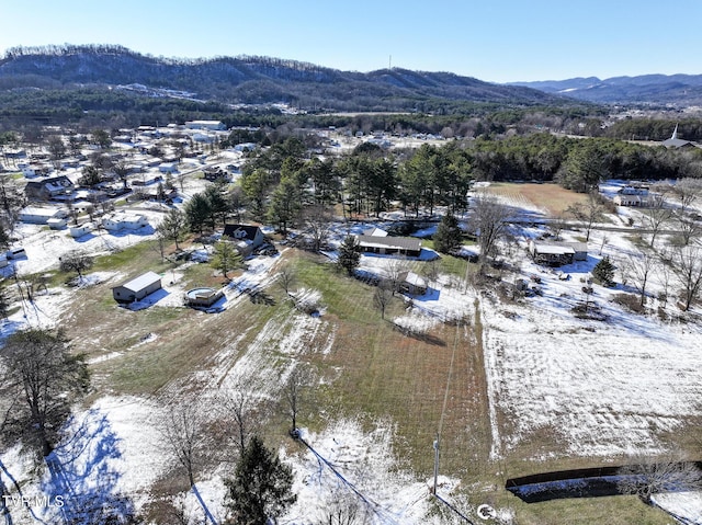 snowy aerial view with a mountain view