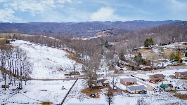 snowy aerial view with a mountain view