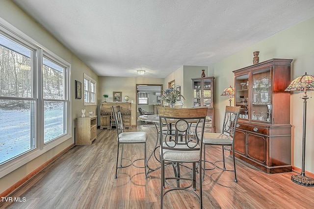 dining area with a textured ceiling and hardwood / wood-style floors