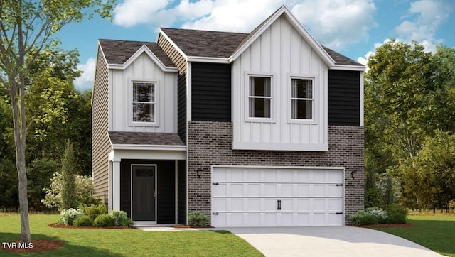 view of front of property with a front yard and a garage