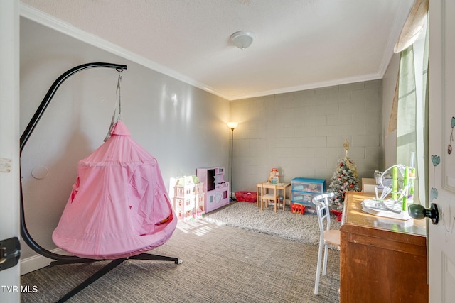 rec room featuring a textured ceiling, crown molding, and carpet floors