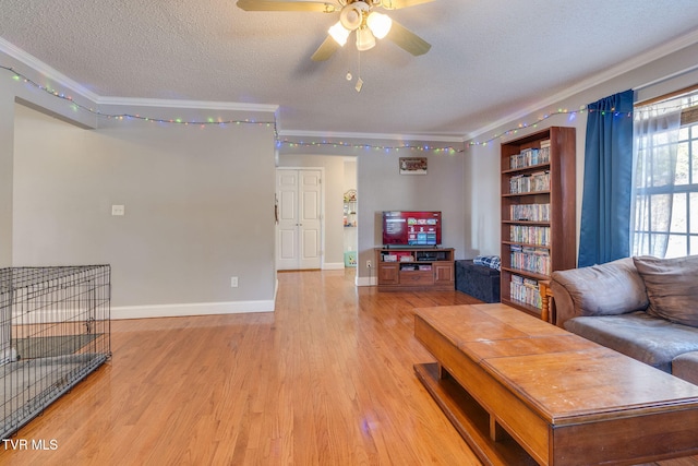 living room featuring ceiling fan, light wood-type flooring, crown molding, and a textured ceiling