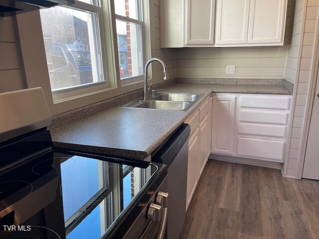 kitchen with sink, hardwood / wood-style flooring, a healthy amount of sunlight, appliances with stainless steel finishes, and white cabinets