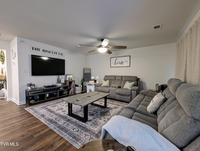 living room featuring ceiling fan and dark hardwood / wood-style flooring