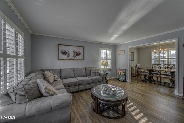 living room featuring dark hardwood / wood-style flooring, an inviting chandelier, crown molding, and a textured ceiling