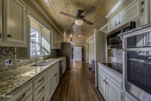 kitchen with wooden ceiling, appliances with stainless steel finishes, dark wood-type flooring, decorative backsplash, and sink