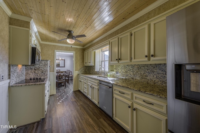 kitchen featuring wooden ceiling, stainless steel appliances, light stone countertops, ceiling fan, and sink