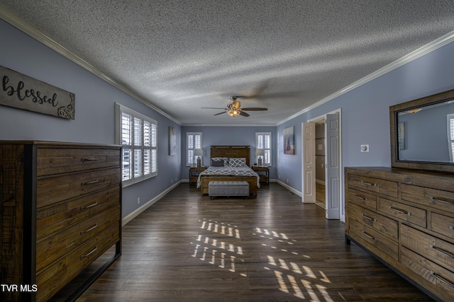 bedroom with dark hardwood / wood-style flooring, ceiling fan, and crown molding