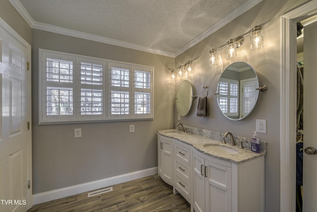 bathroom featuring vanity, a textured ceiling, and ornamental molding