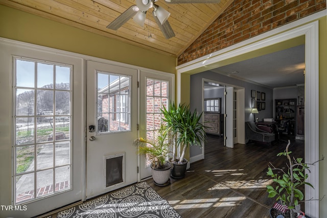 entryway with dark wood-type flooring, brick wall, wood ceiling, lofted ceiling, and ceiling fan