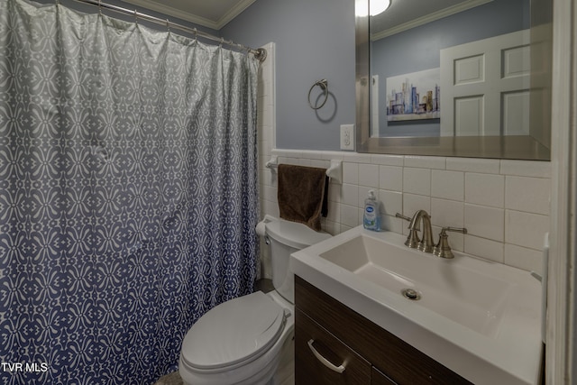 bathroom with tile walls, tasteful backsplash, toilet, vanity, and crown molding