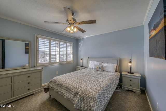 bedroom with a textured ceiling, dark colored carpet, ceiling fan, and crown molding